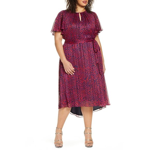 Tahari Red and Blue Polka Dot Metallic Chiffon High/low Dress, Size 24W - Picture 1 of 12